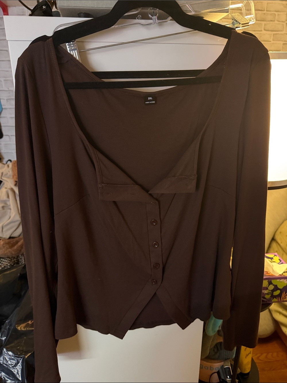 SHEIN Brown Long Sleeve Button-Front Ribbed Top